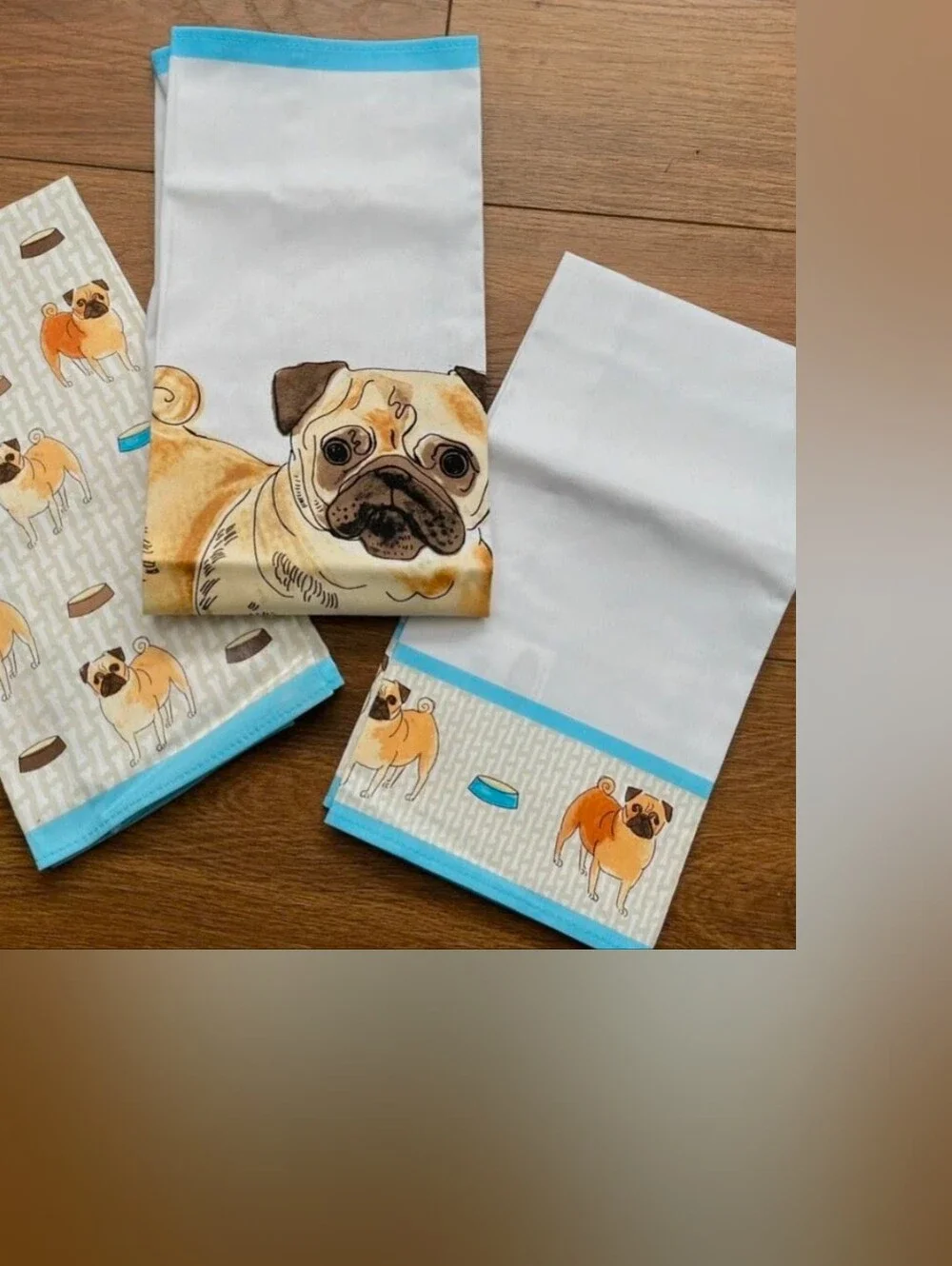 SWEET MILLY GREEN LONDON PUGS 3 PC KITCHEN TEA TOWELS NWT 100% COTTON DOG DOGS